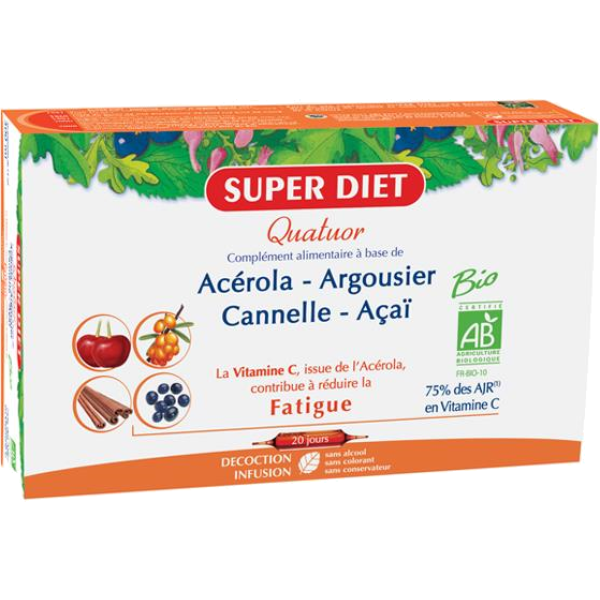 Quatuor Fatigue acérola argousier cannelle açaï Bio Super Diet - 20 Ampoules