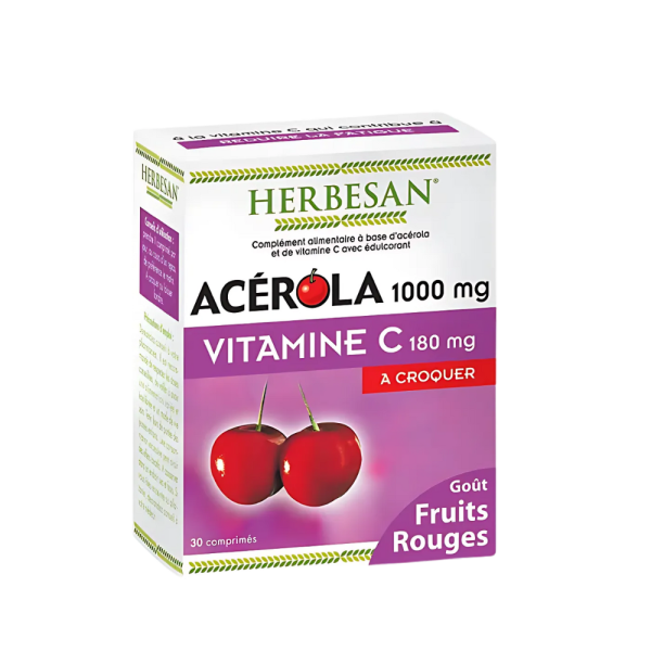 Herbesan Acérola 1000mg – Vitamine C naturelle 180mg | 30 comprimés fruits rouges