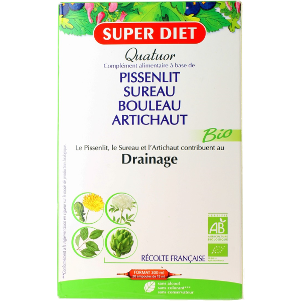 Quatuor drainage pissenlit sureau bouleau artichaut Bio Super Diet - 20 Ampoules