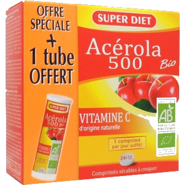 Acérola 500 Vitamine C Bio offre spéciale 1 tube offert Super Diet - 32 Comprimés