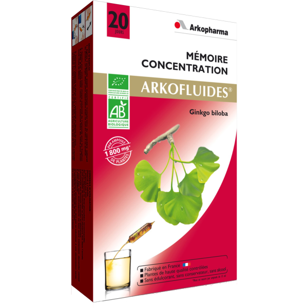 Arkofluides Ginkgo Biloba Mémoire et Concentration sans alcool Arkopharma - 20 ampoules
