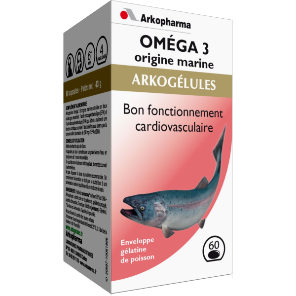 Arkogélules oméga 3 origine marine bon fonctionnement cardiovasculaire Arkopharma - 60 gélules